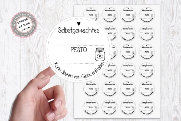 24 zuckersüßer Sticker Aufkleber 4cm zum selbstbeschriften Pesto kann Spuren von Glück enthalten von Lüttentüddel® -